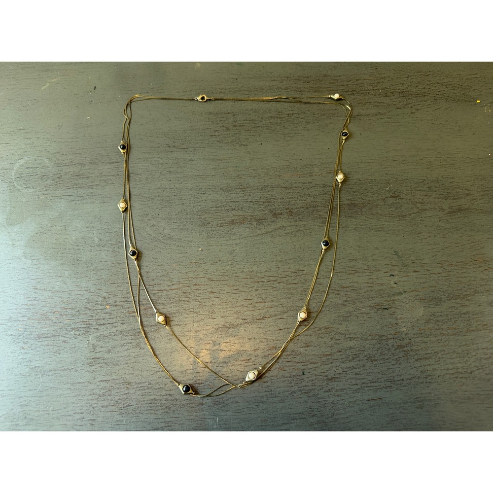 Vintage Gold Tone Triple Strand Layered Station Necklace Black Cream Cabochon